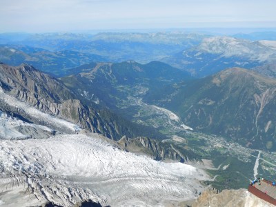 Looking down the Chamonix valley towards Les Houches across the Bossons Glacier